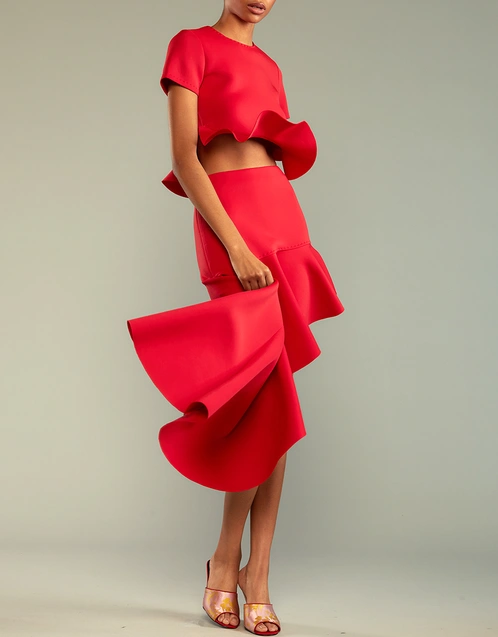 Asymmetrical Flounce Mini Skirt-Red