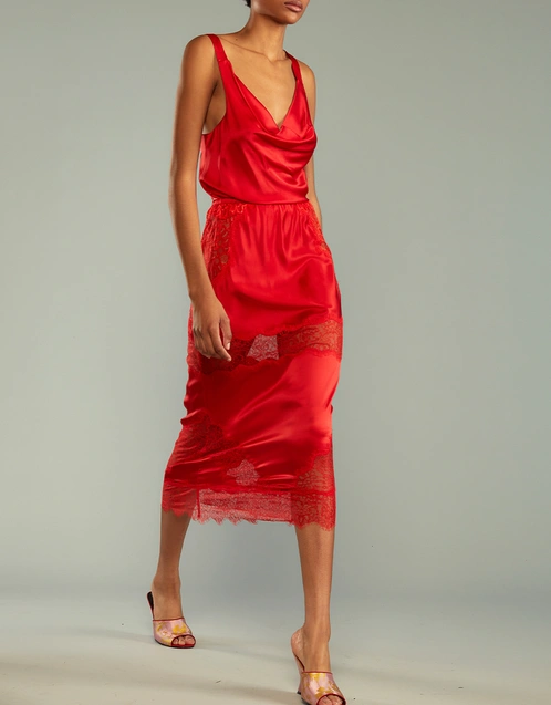 Lya Silk Lace Midi Skirt-Red