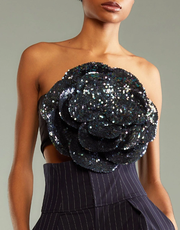 Cynthia Rowley All Over Sequin Flower Bandeau Top-Navy