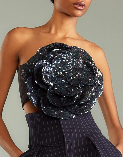 All Over Sequin Flower Bandeau Top-Navy