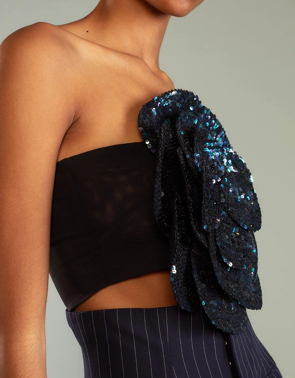 Cynthia Rowley All Over Sequin Flower Bandeau Top-Navy