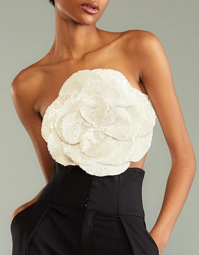 All Over Sequin Flower Bandeau Top-White