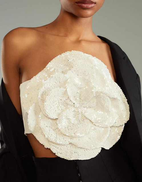 All Over Sequin Flower Bandeau Top-White