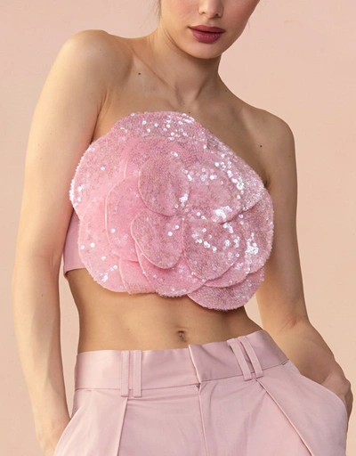 All Over Sequin Flower Bandeau Top-Pink
