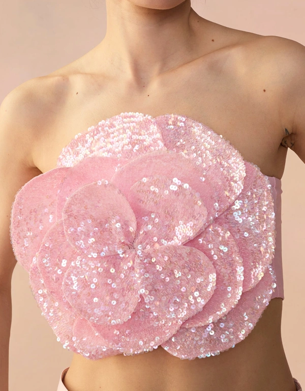 Cynthia Rowley All Over Sequin Flower Bandeau Top-Pink