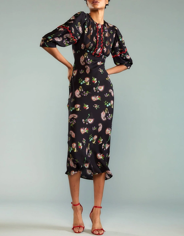 Cynthia Rowley Midnight Garden Silk Print Midi Dress