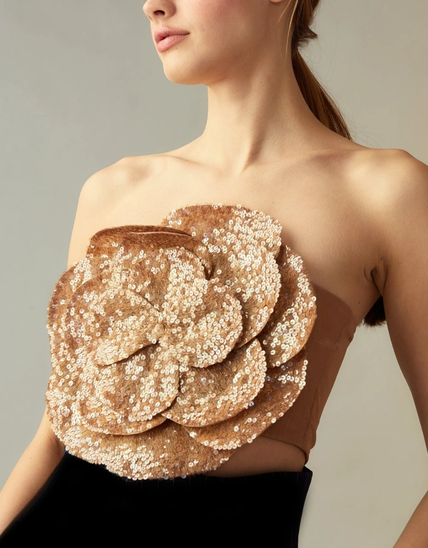 Cynthia Rowley All Over Sequin Flower Bandeau Top-Camel