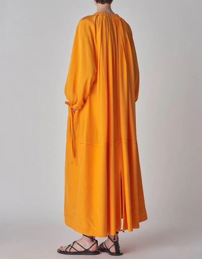 Habotai 泡泡袖中長洋裝-Orange