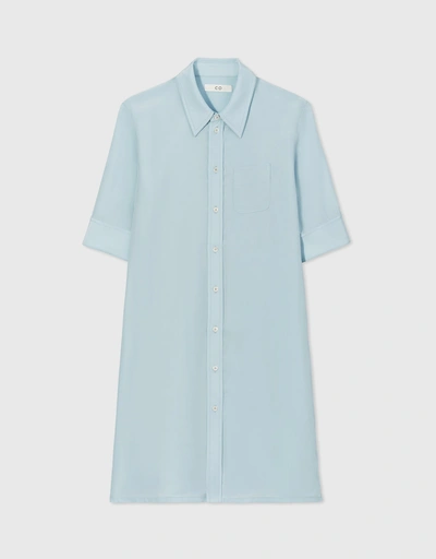 Habotai Fitted Shirt Mini Dress-Blue