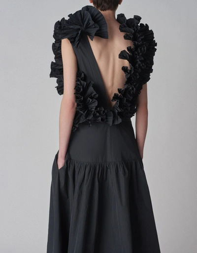 Taffeta Sleeveless Ruffle Midi Dress-Black
