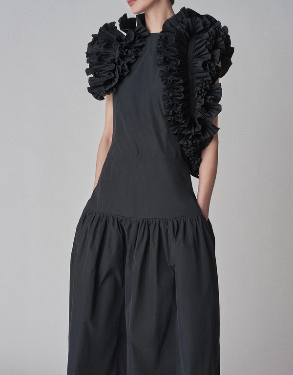 Co Taffeta Sleeveless Ruffle Midi Dress-Black