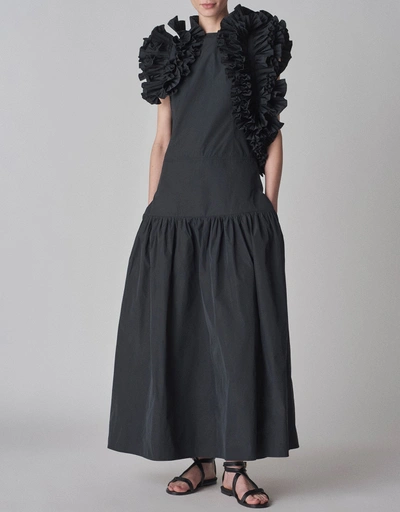 Taffeta Sleeveless Ruffle Midi Dress-Black