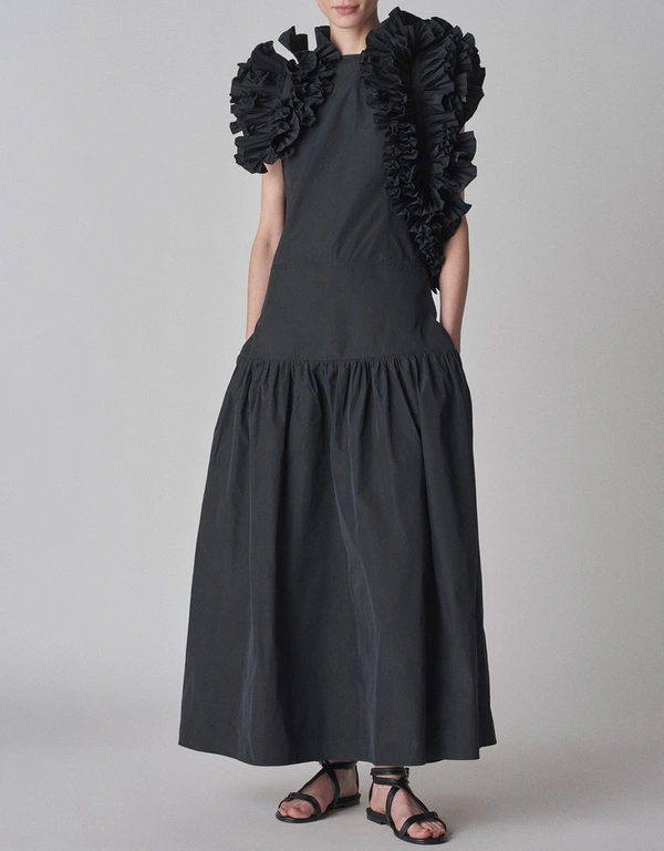 Co Taffeta Sleeveless Ruffle Midi Dress-Black