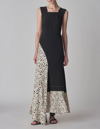 Floral Print Patchwork Maxi Dress-Black