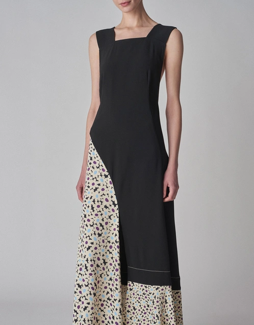 Floral Print Patchwork Maxi Dress-Black