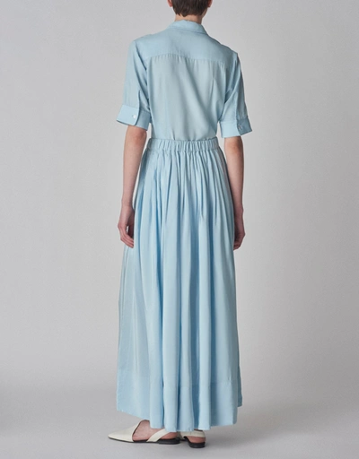 Habotai Pleated Midi Skirt-Blue