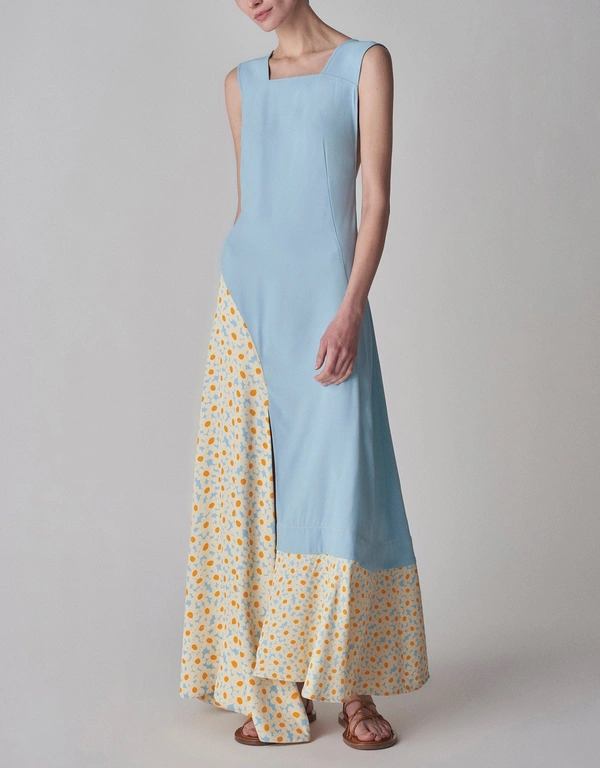 Co Floral Print Patchwork Maxi Dress-Blue