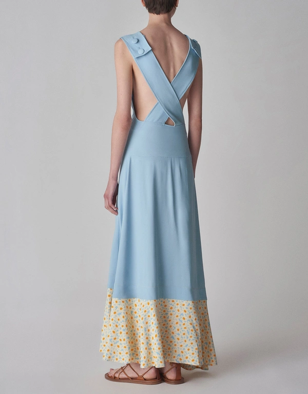 Co Floral Print Patchwork Maxi Dress-Blue