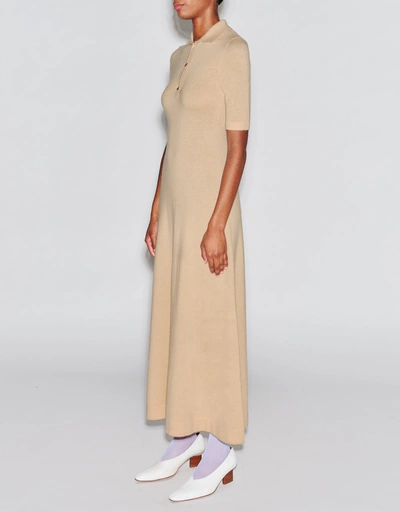 Mercerized Wool Cashmere Polo Midi Dress-Apricot