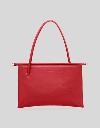 Frida Pebble Leather Flat Tote Bag-Red