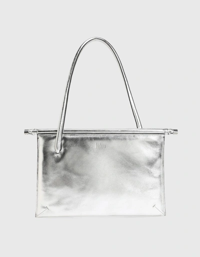 Frida Milled Leather Flat Tote Bag-Silver