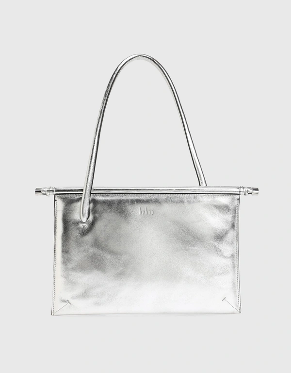 Behno Frida Milled Leather Flat Tote Bag-Silver