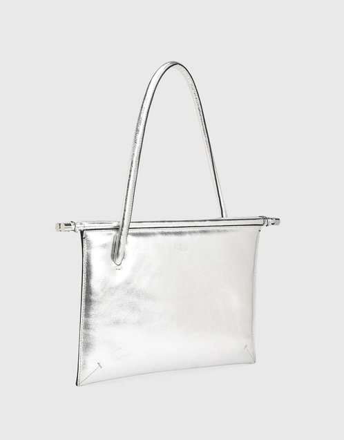 Frida Milled Leather Flat Tote Bag-Silver