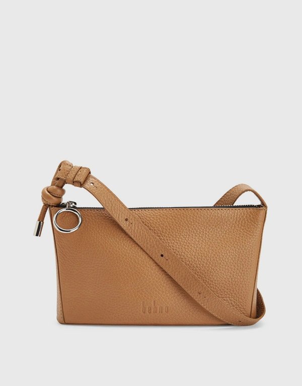 Behno Janae Pebble Leather Top-Zip Crossbody Bag-Almond