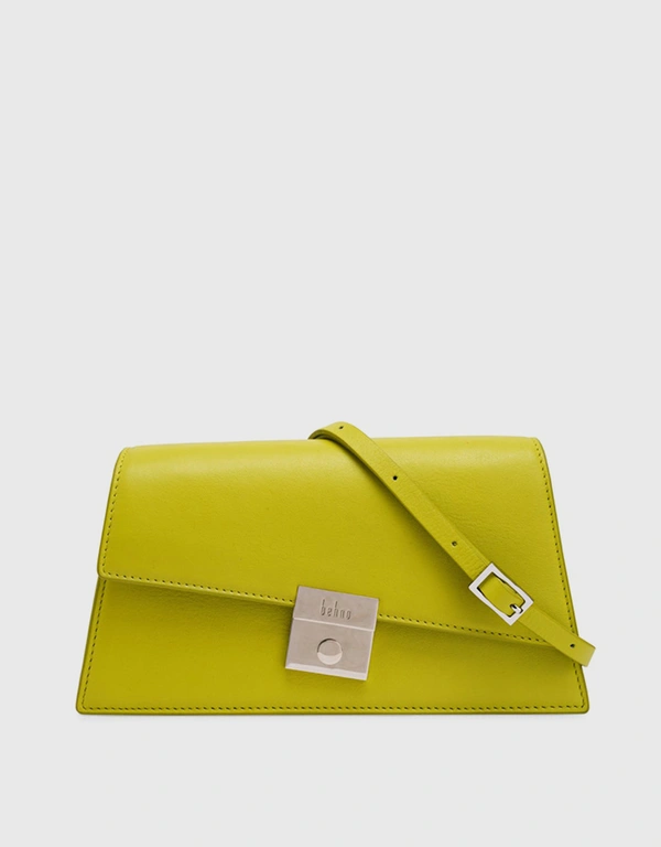 Behno Simone Milled Leather Front-Flap Crossbody Bag-Lime Green