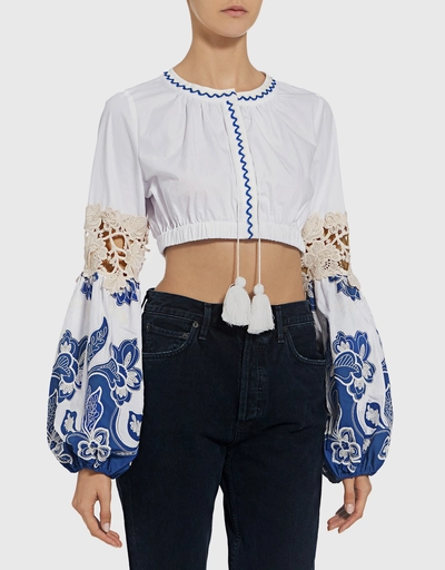 Fabia Floral Embroidered Puff Sleeve Cropped Top