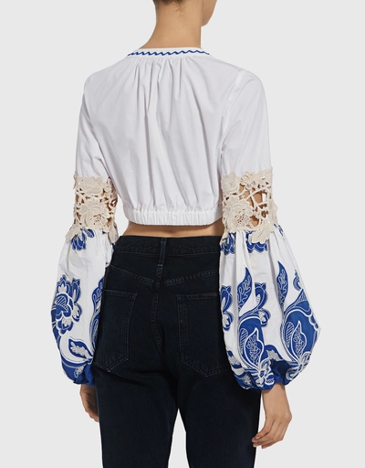 Fabia Floral Embroidered Puff Sleeve Cropped Top