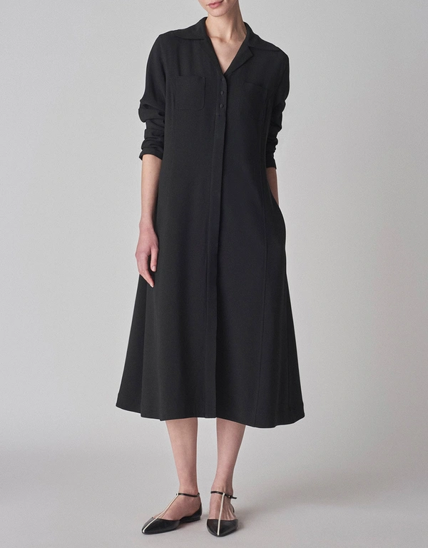 Co Satin Fluid A-Line Shirt Midi Dress-Black