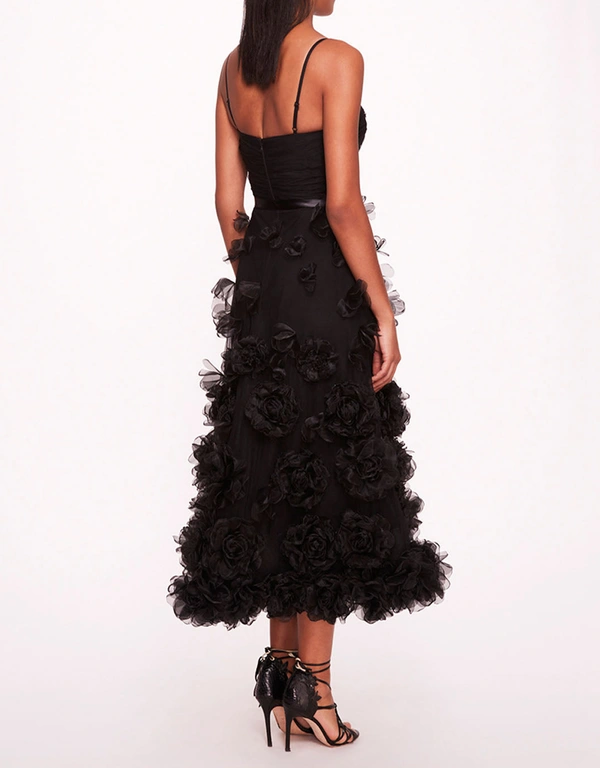 Marchesa Notte Tulle Rosette Midi Dress-Black