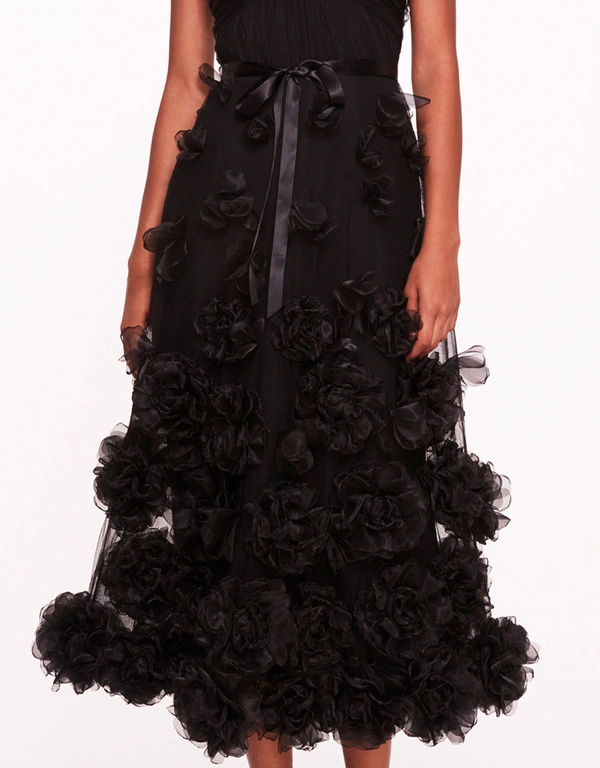 Marchesa Notte Tulle Rosette Midi Dress-Black