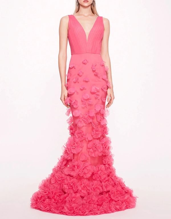 Marchesa Notte Tulle Rosette Gown-Pink