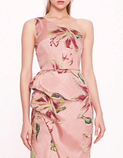 One Shoulder Drape Midi Dress-Pink