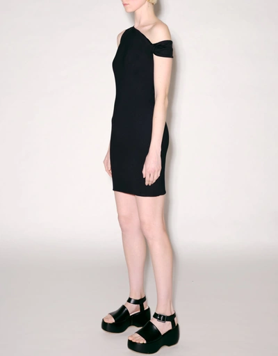 Matte-Shine One Shoulder Twist Mini Dress-Black