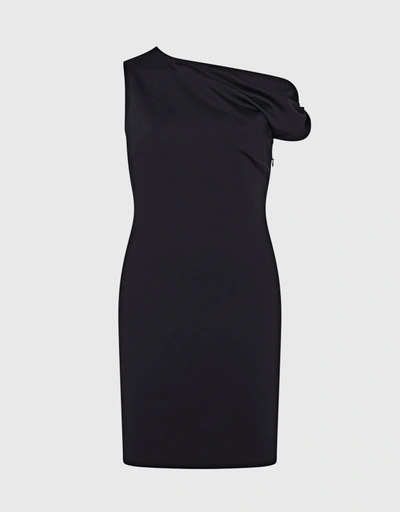Matte-Shine One Shoulder Twist Mini Dress-Black