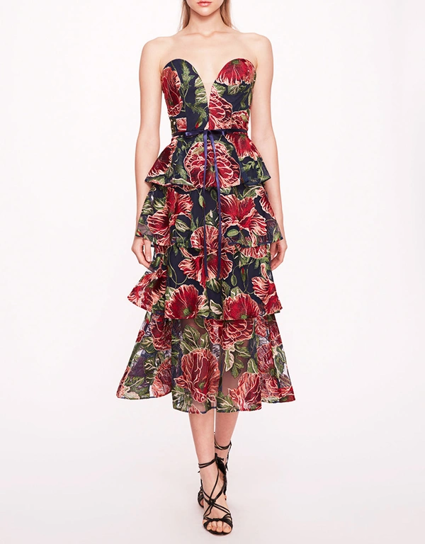 Marchesa Notte Embroidered Plunging Midi Dress-Navy Red