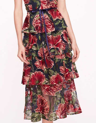 Embroidered Plunging Midi Dress-Navy Red