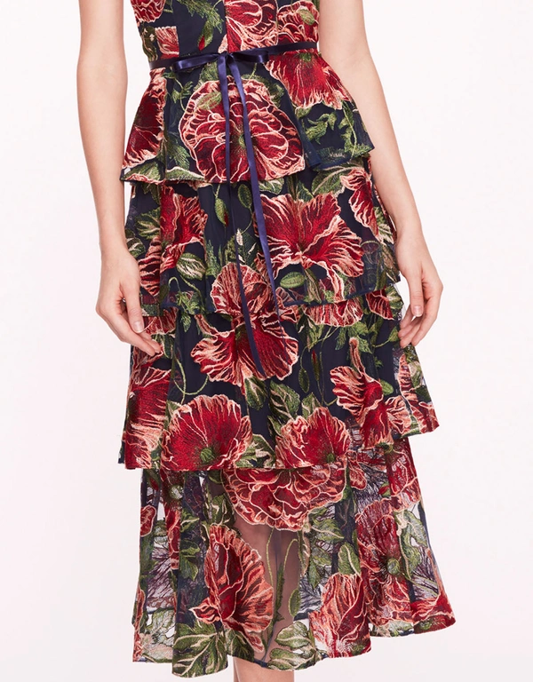Marchesa Notte Embroidered Plunging Midi Dress-Navy Red
