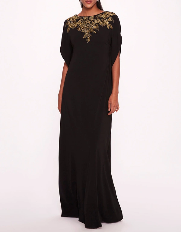 Marchesa Notte Embroidered Crepe Kaftan Gown-Black