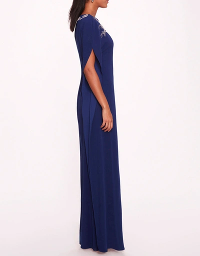Embroidered Crepe Kaftan Gown-Navy