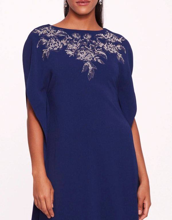Marchesa Notte Embroidered Crepe Kaftan Gown-Navy