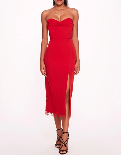 Draped Bodice Crepe Midi Dress-Red