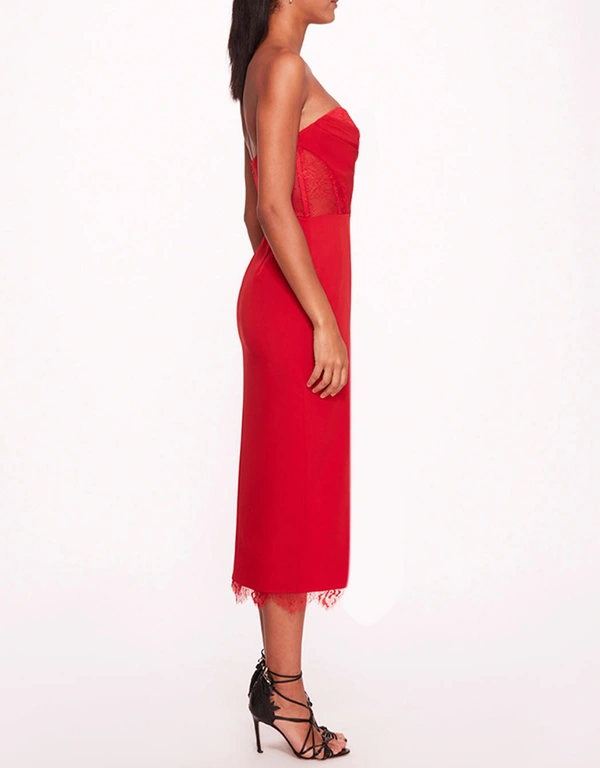 Marchesa Notte Draped Bodice Crepe Midi Dress-Red