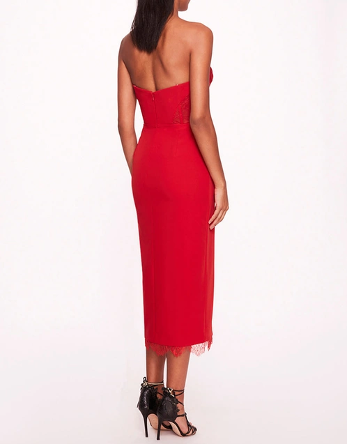 Draped Bodice Crepe Midi Dress-Red