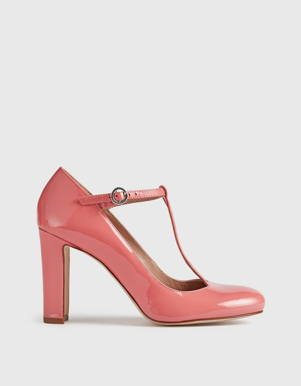 LK Bennett Annalise Patent Leather T-Bar Mary Jane Shoes-Coral