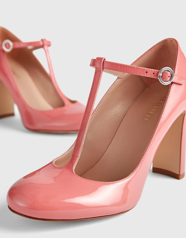 LK Bennett Annalise Patent Leather T-Bar Mary Jane Shoes-Coral