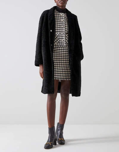 Ebba Shearling and Leather Knee Length Coat-Black